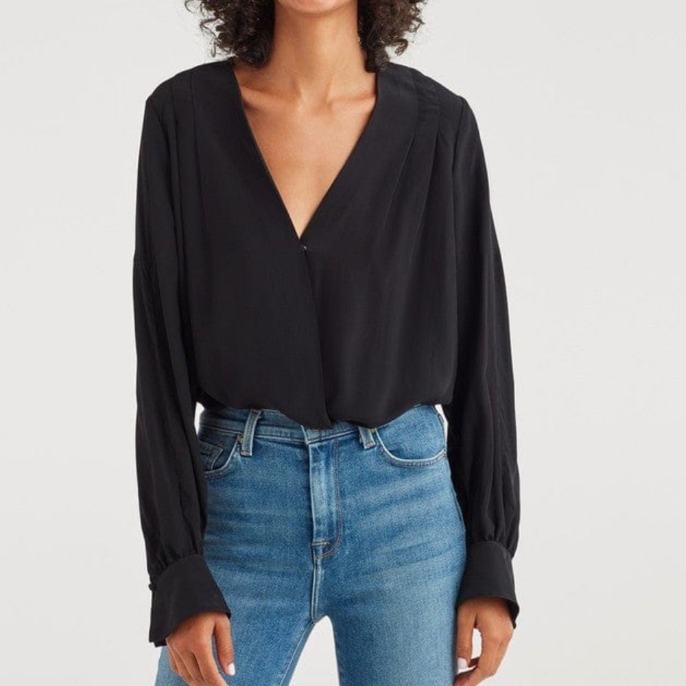 7 For All Mankind Long Sleeve Cross Front V-Neck Black Blouse size XL